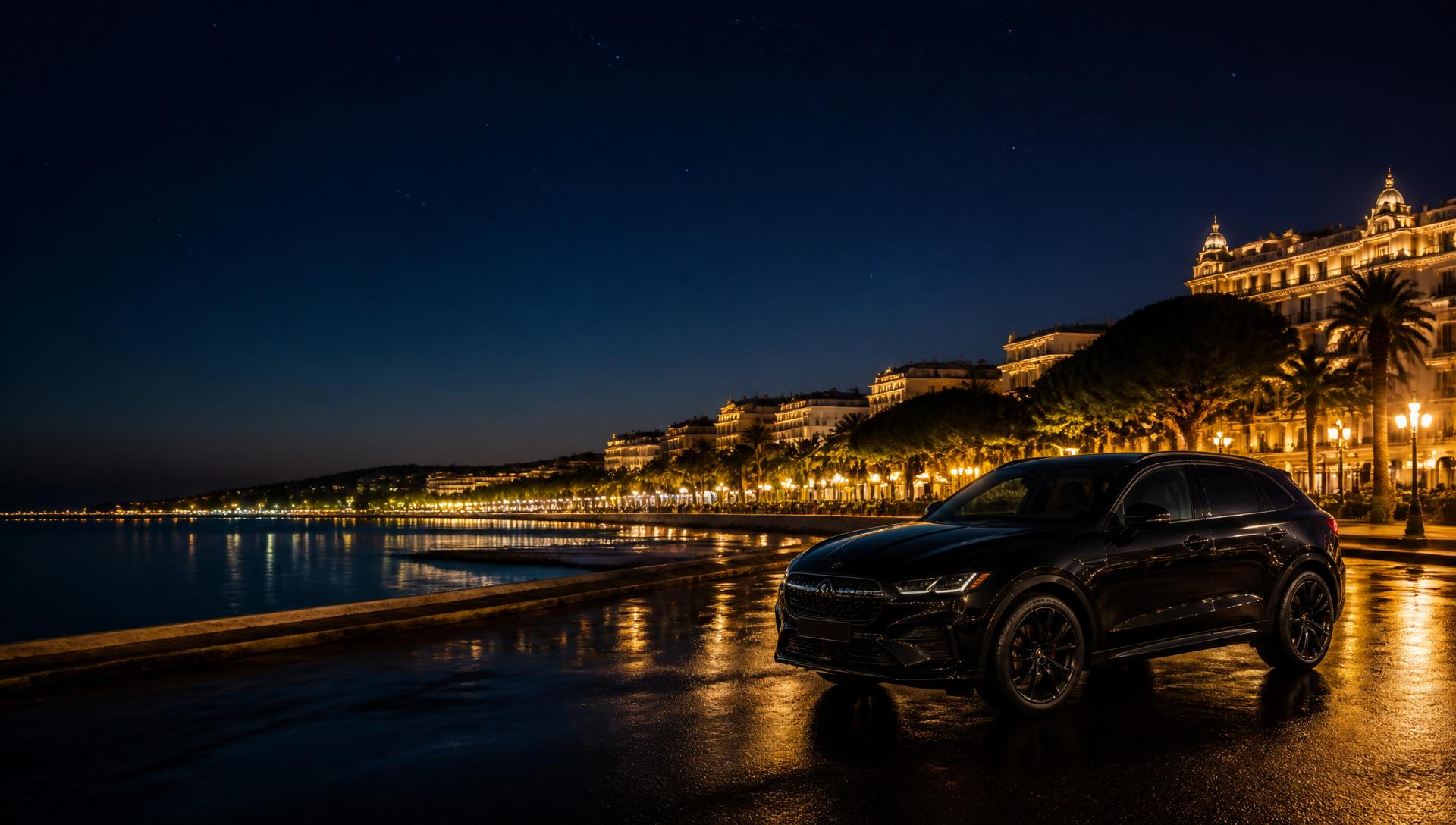 SUV de luxe sur la Croisette à Cannes de nuit